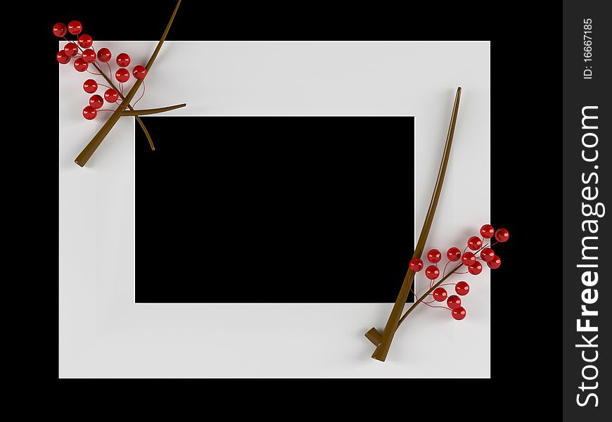 Empty white floral picture frame isolated on black, render/illustration. Empty white floral picture frame isolated on black, render/illustration