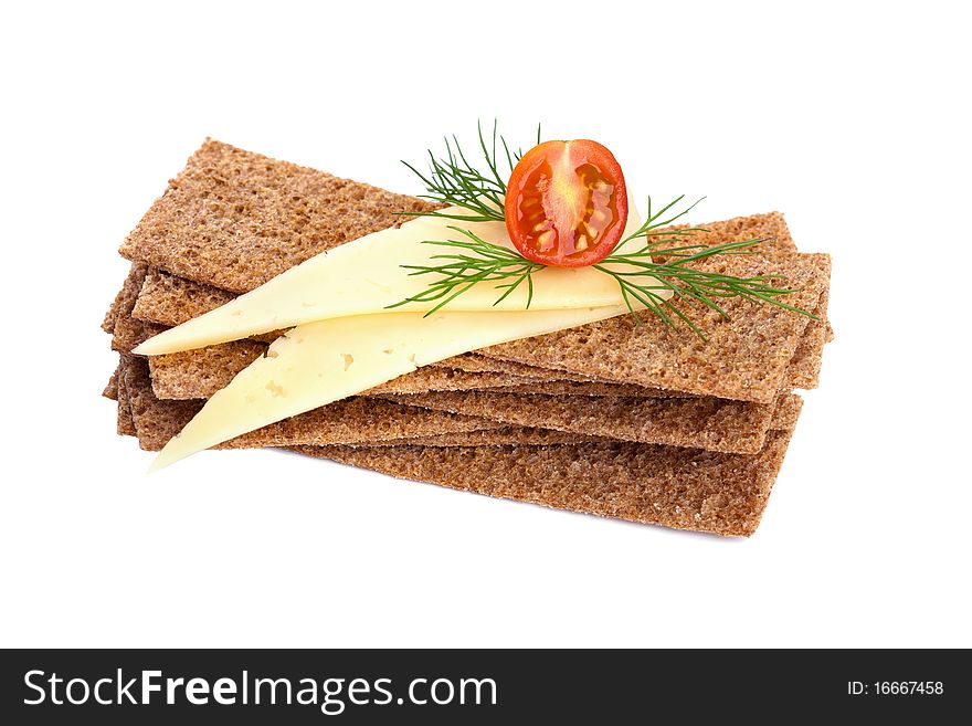 Crispbread with cheese, tomato and dill isolated on white. Healthy breakfast.