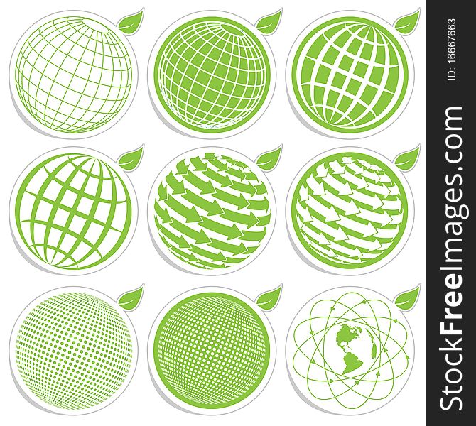 Illustration, nine green symbols of the planet on white background. Illustration, nine green symbols of the planet on white background