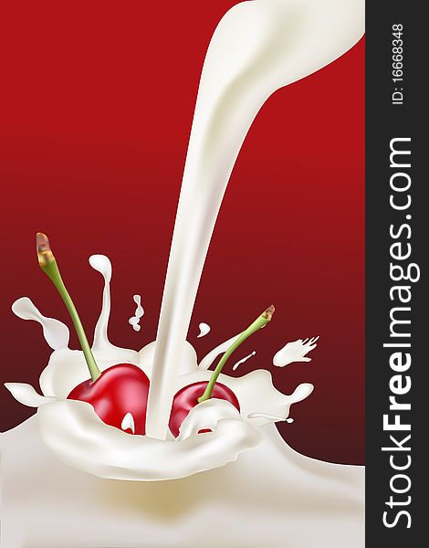 Illustration of cherries in the splash of milk. Illustration of cherries in the splash of milk