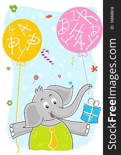 Elephant with birthday balloon and gift