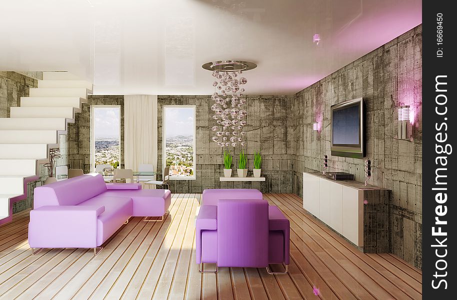 Modern interior room in violet color