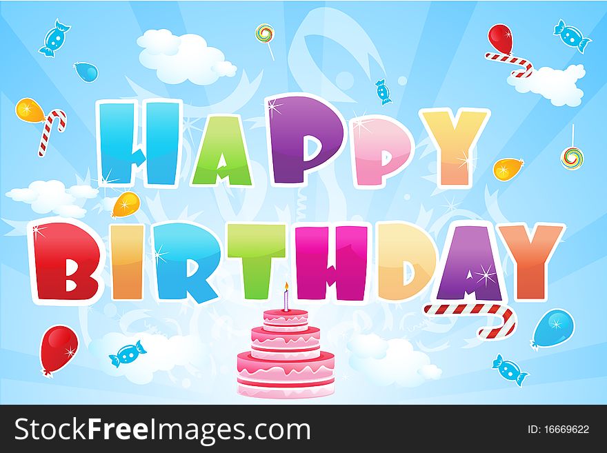 Illustration of happy birthday text and birthday elements
