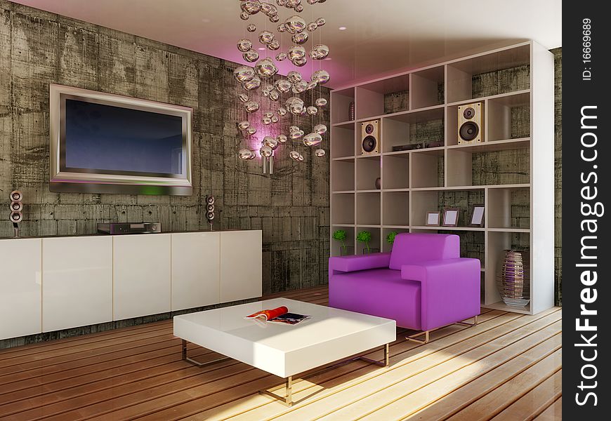 Modern interior room with violet furniture