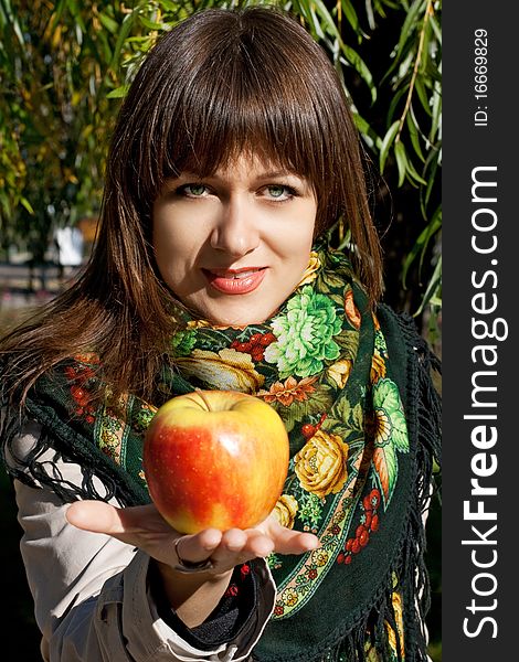 Young beauty woman with colorful apple. Young beauty woman with colorful apple