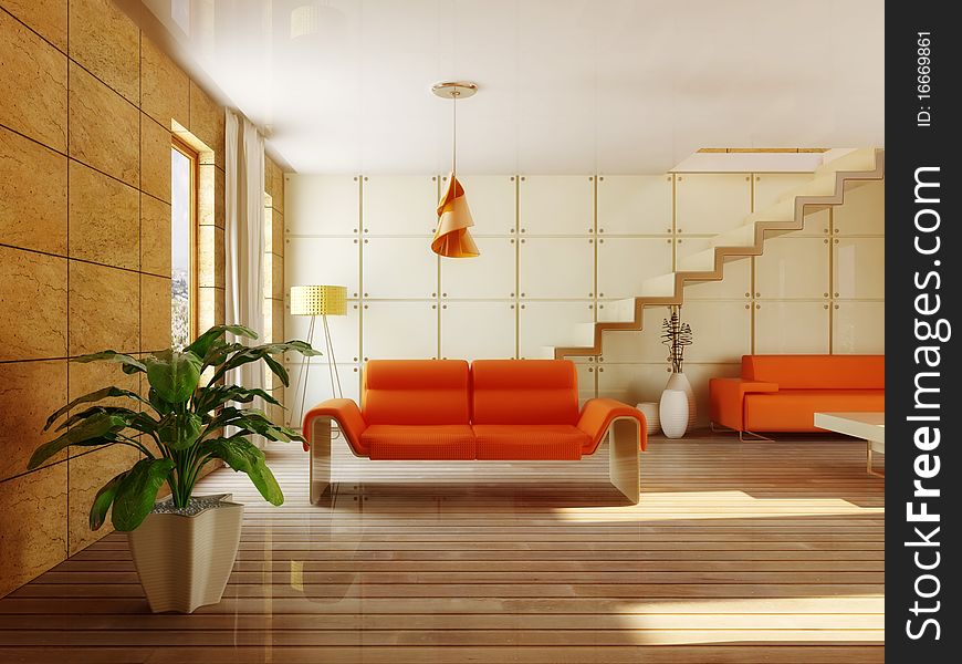 Interior room with orange furniture