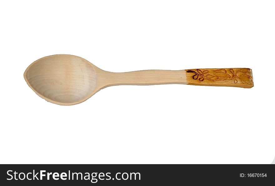 Spoon big of wooden with pattern on white background