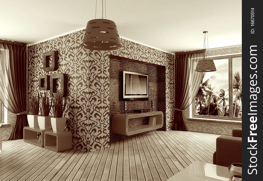 Modern interior room with pattern on the wall and yellow furniture