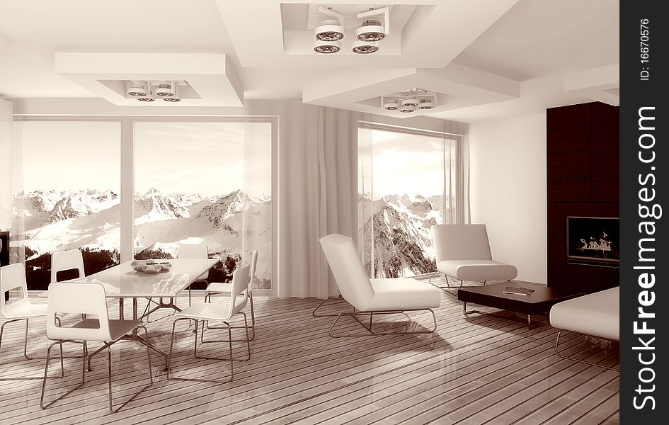 Modern interior room with panoramic windows