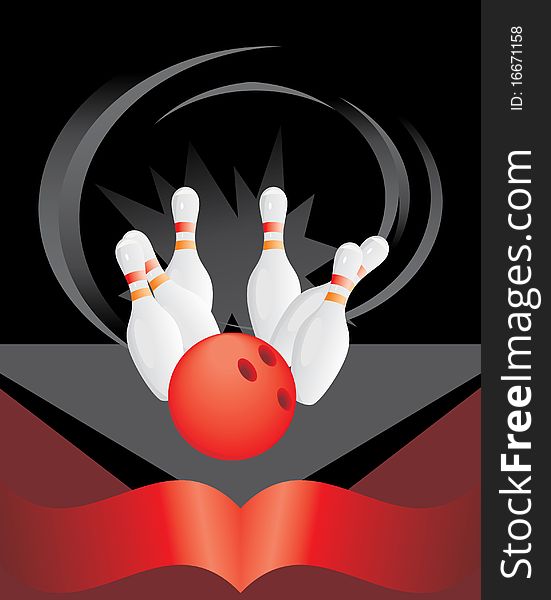 Bowling pins and red ball. Illustration