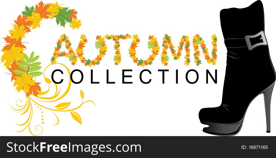 Elegant female shoe and maple leaves. Autumn collection. Illustration