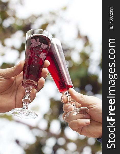 Two wine glasses in toasting gesture
