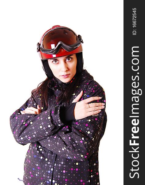 Young attractive woman in red motorcycle helmet.