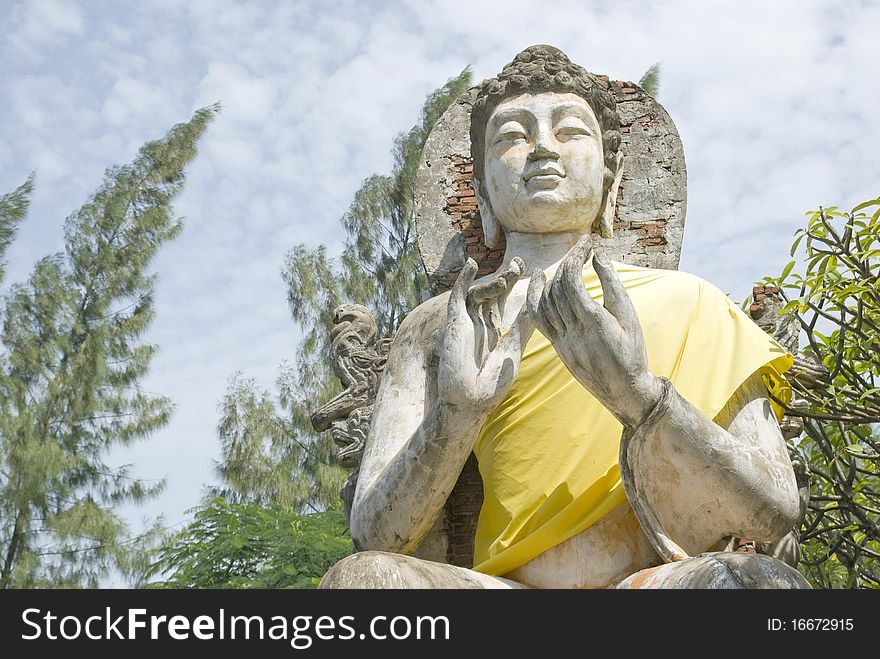 Buddha statue under blue sky and tree