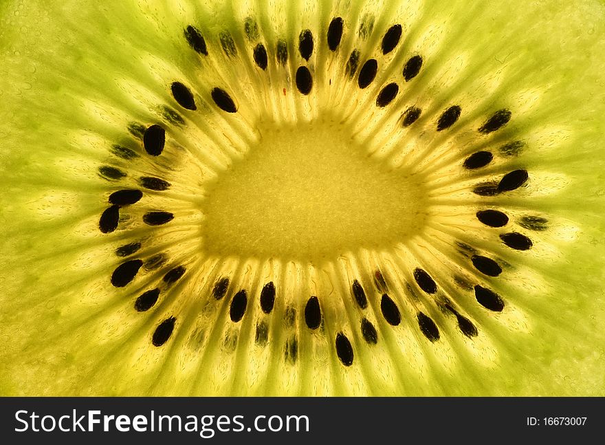 Cut of the cut fruit kiwi, photographed close up (macro).