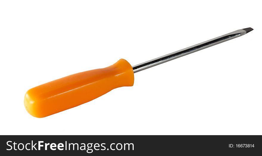 Screwdriver with orange hand on white background. Screwdriver with orange hand on white background