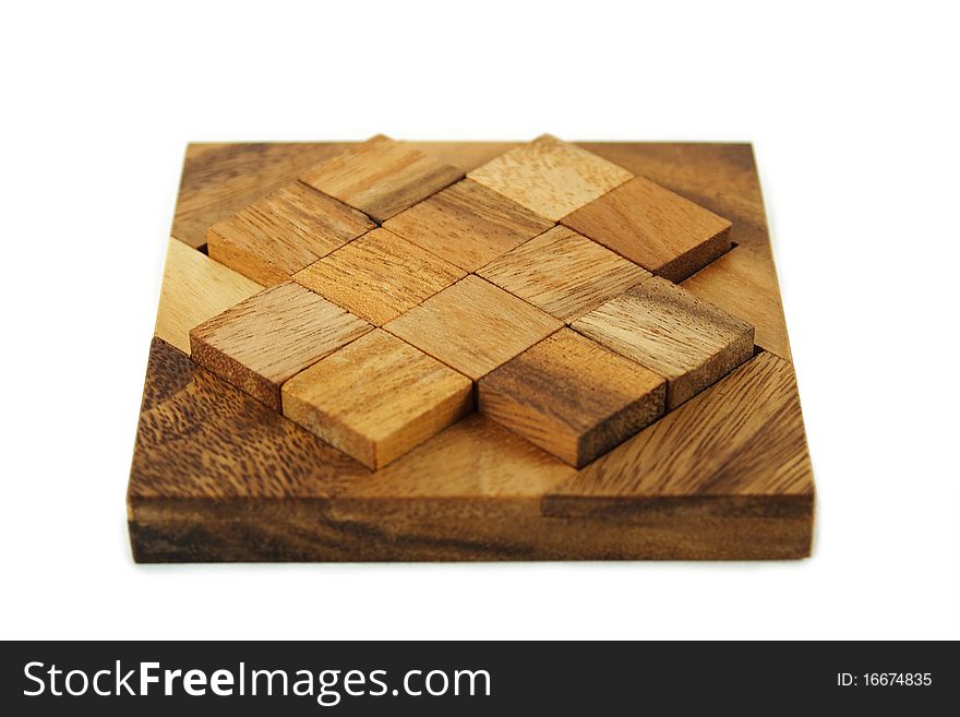 Wooden square figures assemble in puzzle isolated on white