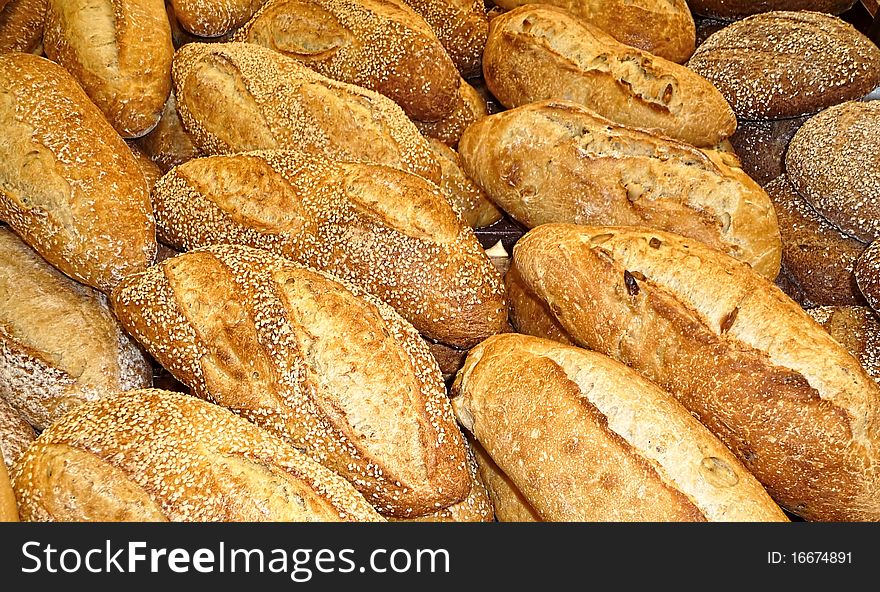 Fresh baked bread at the bakery assortment of different kinds
