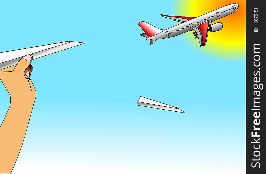 Illustration vector of hand that trows paper airplane and true airbus or aircraft that take off against a beautiful sun. Illustration vector of hand that trows paper airplane and true airbus or aircraft that take off against a beautiful sun