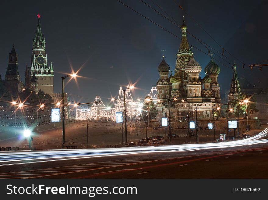 Russian Moscow Kremlin, red square Kremlinâ€™s wall , Spasskaya Tower, St. Basil Cathedral, Gum, Night road. Russian Moscow Kremlin, red square Kremlinâ€™s wall , Spasskaya Tower, St. Basil Cathedral, Gum, Night road