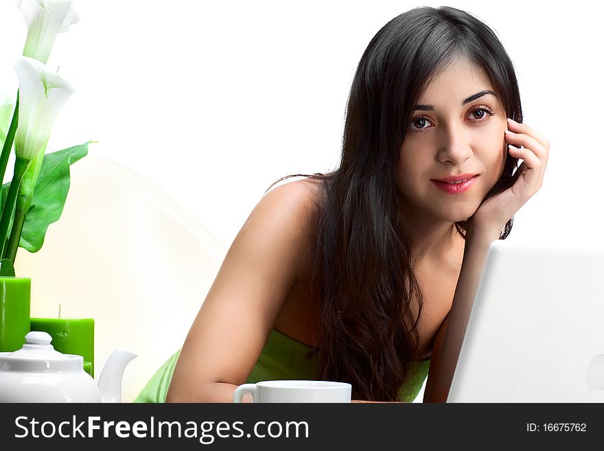 Beautiful woman  in cafe over white background