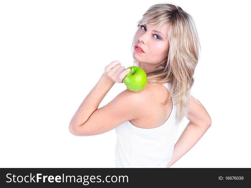 Young girl over white background with apple. Young girl over white background with apple