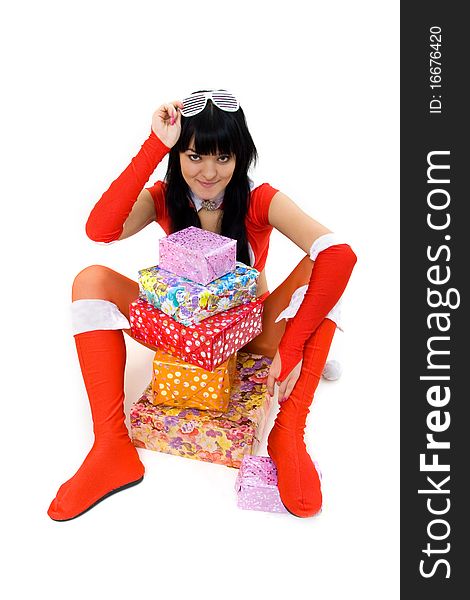 Girl with christmas presents isolated. Girl with christmas presents isolated