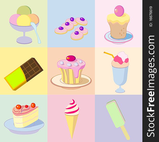 Background with ice-cream, a fruitcake, cookies, chocolate. Background with ice-cream, a fruitcake, cookies, chocolate