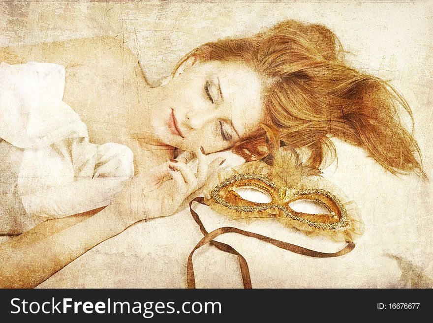 Pretty red-haired sleeping woman in white lying in the bed near carnival mask. Pretty red-haired sleeping woman in white lying in the bed near carnival mask.