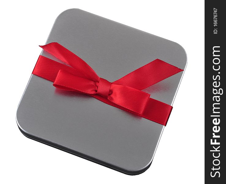 A gift with a red ribbon on top.