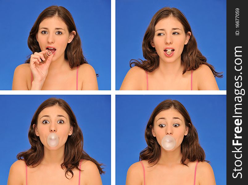 Beautiful woman chewing bubble gum isolated over blue