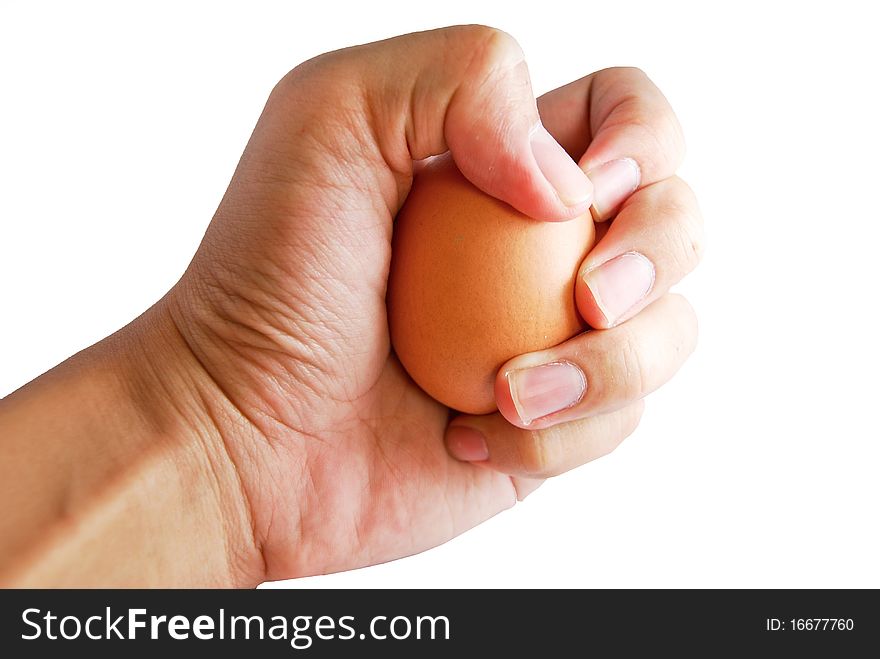 Hand holding fresh egg isolated on white background
