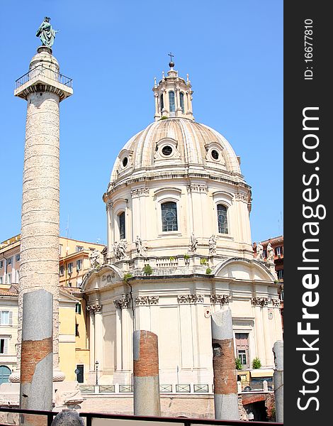 Daetails Traian column and Santa Maria di Loreto in Rome, Italy