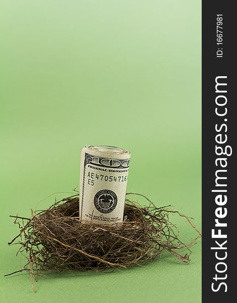 A close up of a roll of 100 dollar bills in a birds nest on a green background with copy space. A close up of a roll of 100 dollar bills in a birds nest on a green background with copy space