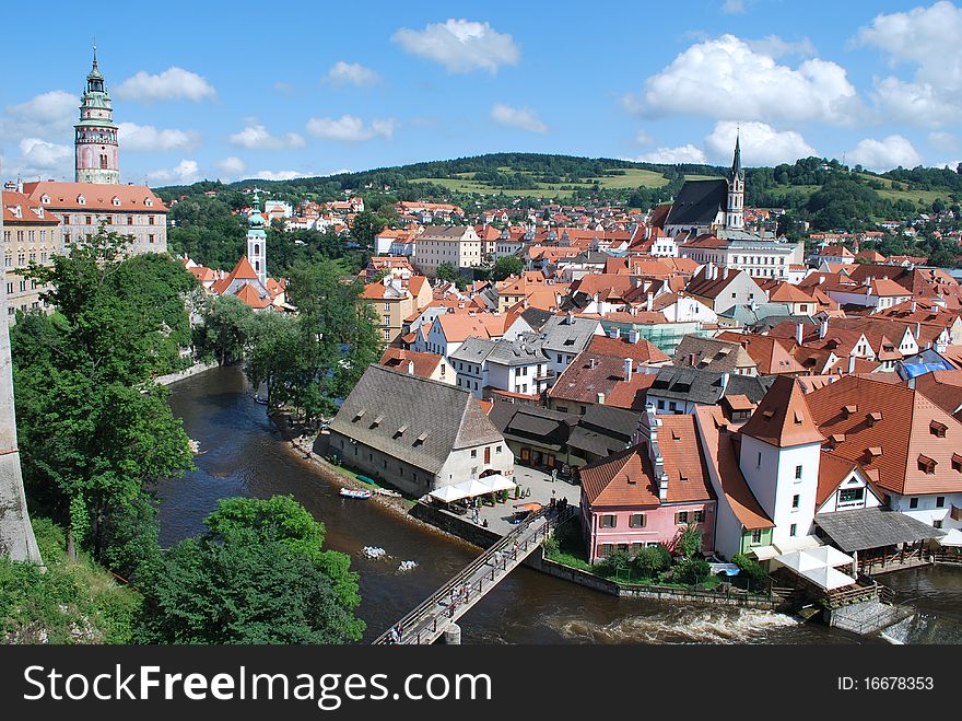 Photo of a tower and a small town at Czech Republic. Photo of a tower and a small town at Czech Republic