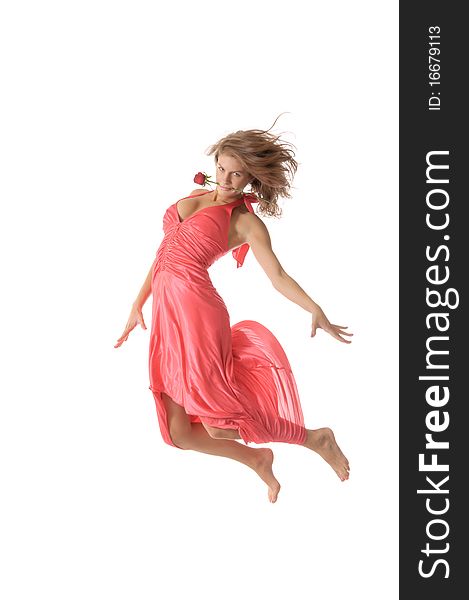 Beautiful Young Woman With Flower Jumps