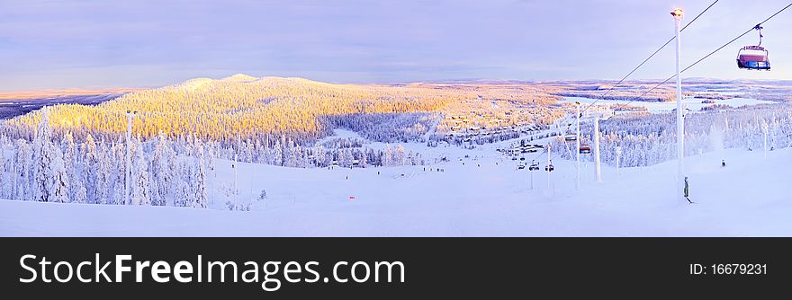 Panorama downhill. Ski-lift, Ruka, Finland