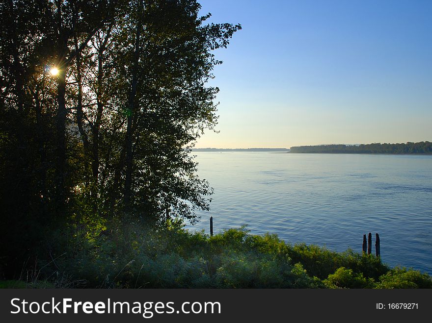 Looking west as the sun is setting on the Columbia River. Looking west as the sun is setting on the Columbia River