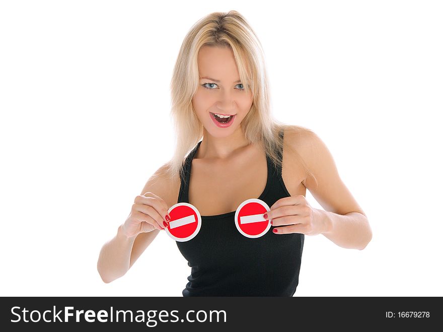 Sexual woman holds two prohibiting signs isolated in white