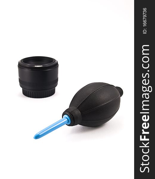 Black air blow and lens isolated on white background
