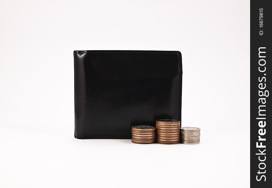 Black leather wallet and coin isolate on white background