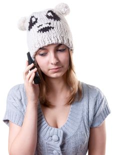 Beautiful Girl In Winter Hat With Telephone Royalty Free Stock Images Beautiful Girl In Winter Hat With Telephone Royalty Free Stock Images
