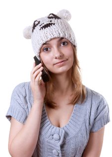 Beautiful Girl In Winter Hat With Telephone Stock Photo Beautiful Girl In Winter Hat With Telephone Stock Photo