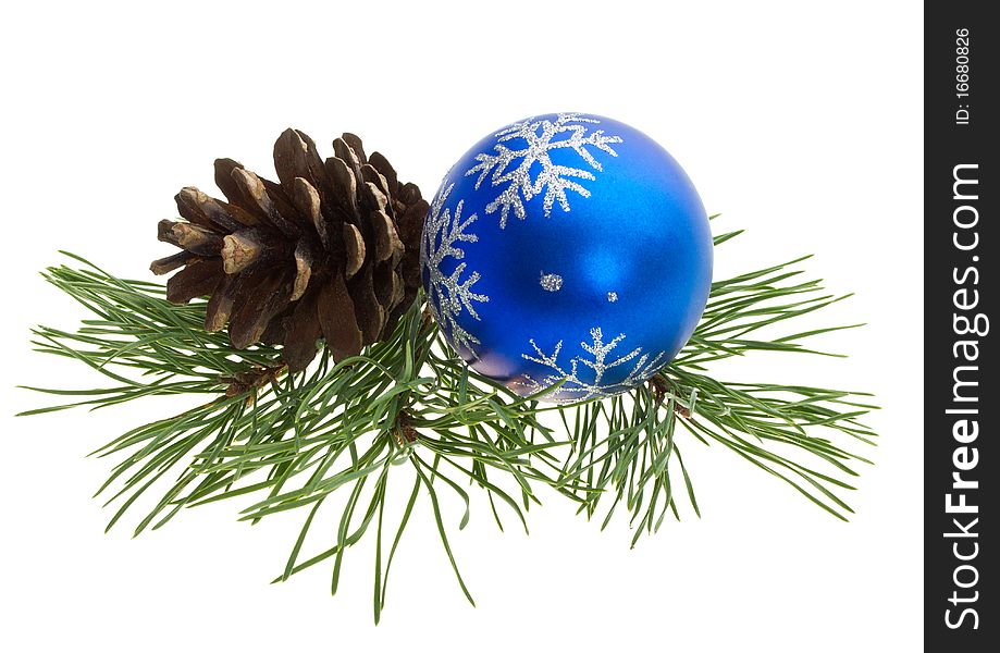 Close-up christmas ball and pine cone, isolated on white