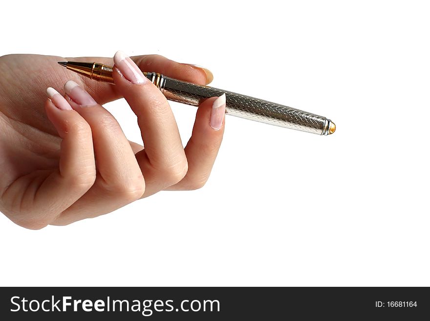 Female hand holing pen offering it to someone. Female hand holing pen offering it to someone