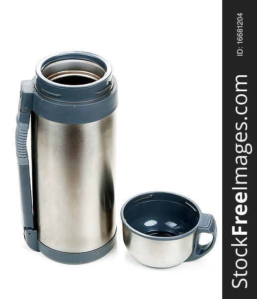 Steel thermos with cup insulated on white background