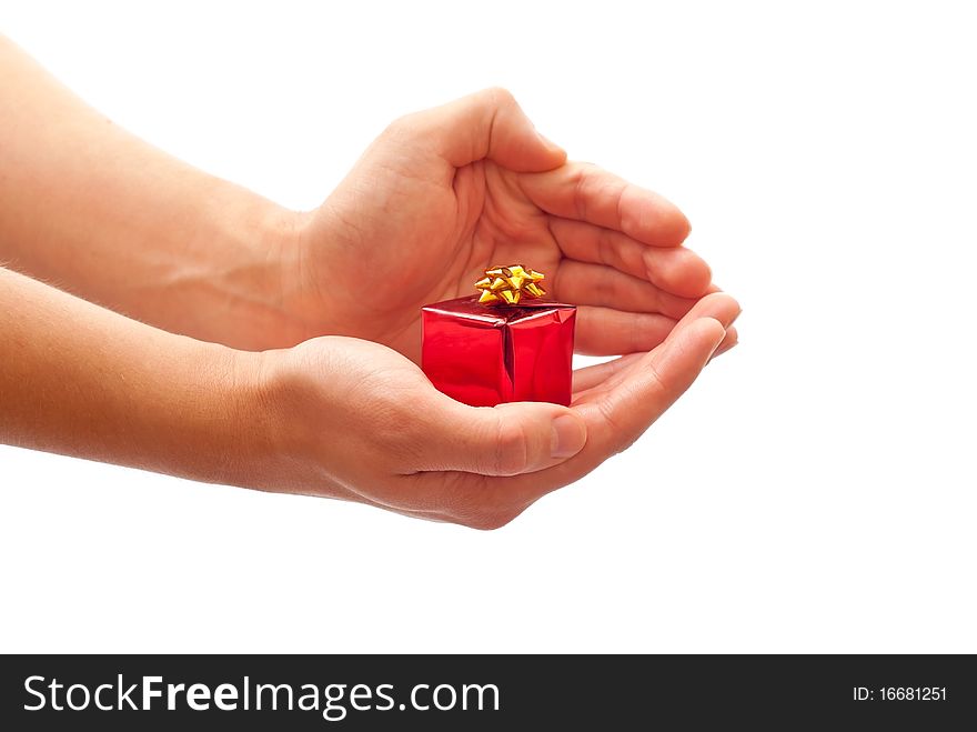 Man's holding a christmas gift. Isolated on white background. Man's holding a christmas gift. Isolated on white background