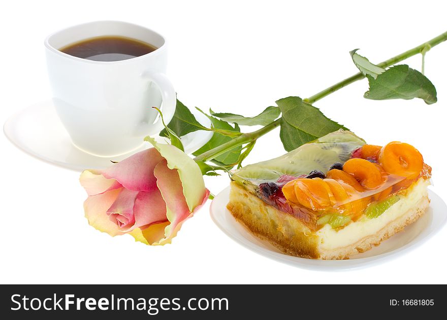 Close-up peace of cake and cup of coffee, isolated on white