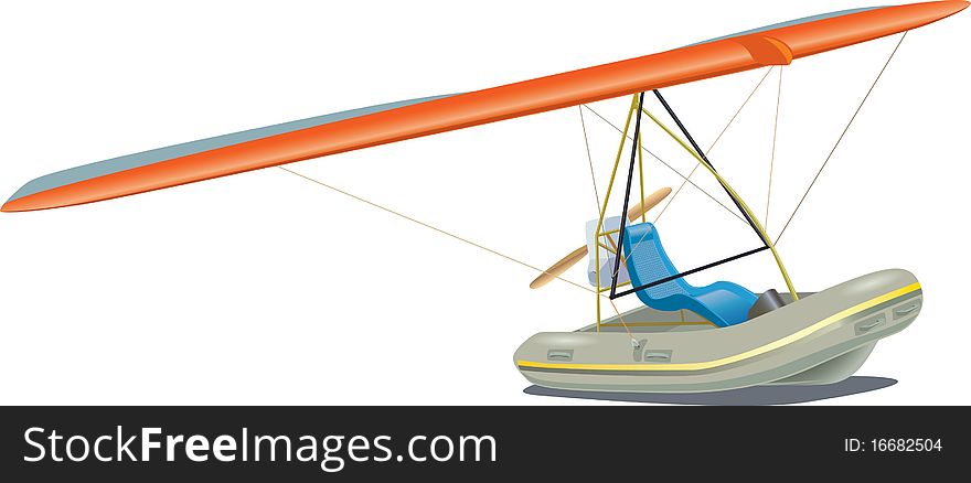 Rubber boat combined with a hang-glider and the engine with a propeller. Rubber boat combined with a hang-glider and the engine with a propeller