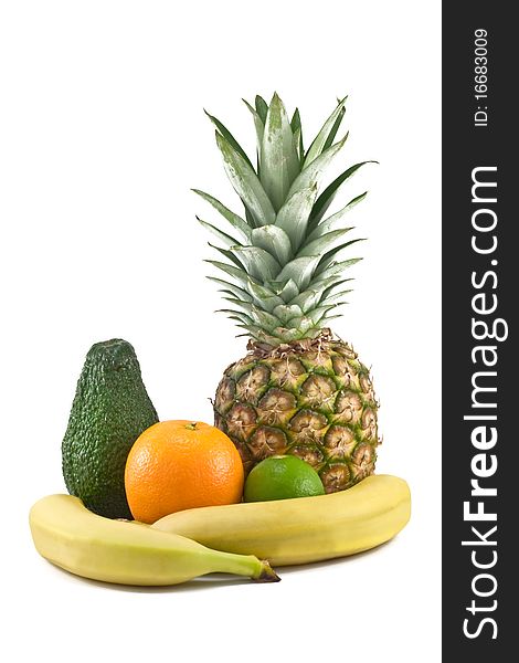 Fruits isolated on white background, orange, pineapple, banana, lime, avocado